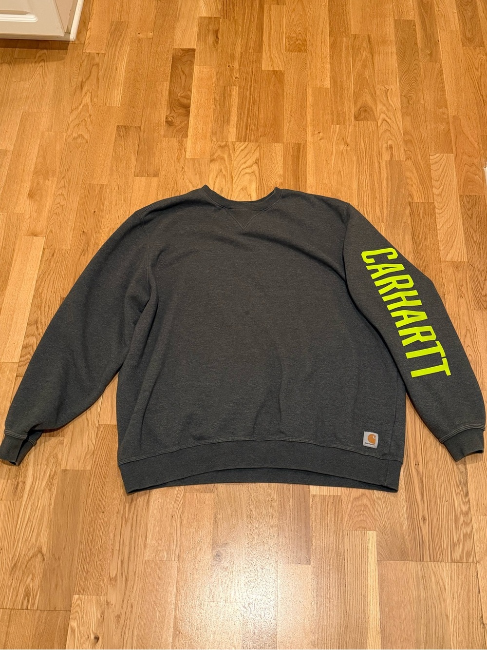 Carhartt Men’s Dark Gray Crewneck Sweatshirt with Hi-Vis Yellow Sleeve Logo